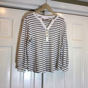 Nautical Ribbed Henley Top Sz 2X Navy Striped Cotton Classic Preppy Coastal Chic